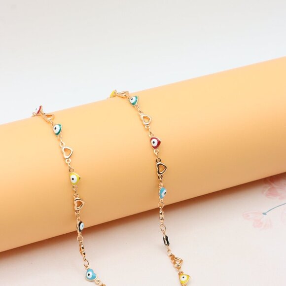Rose Gold Plated Heart & Multicolor Evil Eye Necklace, XPNL0276 - Picture 6 of 12